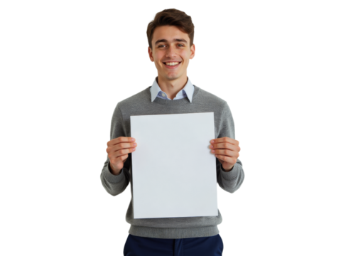 Business portrait isolated on white transparent background: A young man with short brown hair smiles broadly while holding a blank white sheet of paper against a plain white background.