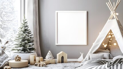 Cozy Winter Interior Decor With Christmas Tree and Minimalist Tent For Children in Bright Space