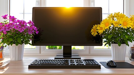 Bright Workspace with Computer and Colorful Flowers Illuminated by Sunlight Through Window