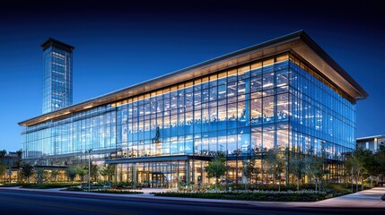 Fototapeta premium Modern glass building with tower at dusk or night exterior view.