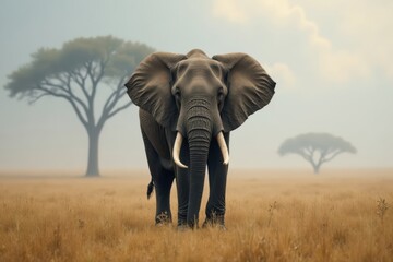 Fototapeta premium Large grey elephant stands alone in misty savannah, grapevine, elephant