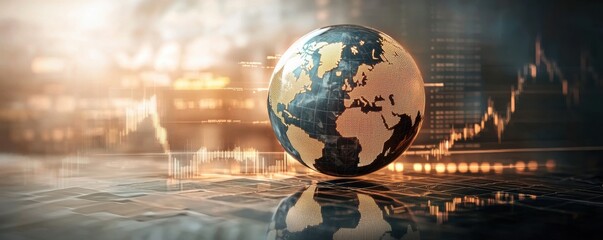 A digital globe macro stock market overlaid with financial data, representing global commerce and economic trends in a modern, technology-driven environment.