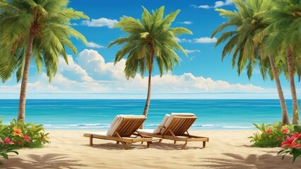 A serene tropical beach scene featuring two empty lounge chairs facing a calm, turquoise sea