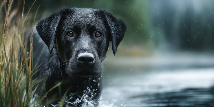 Black dog quietly observing water reflections near a forest in the early morning light by a serene lake - Powered by Adobe