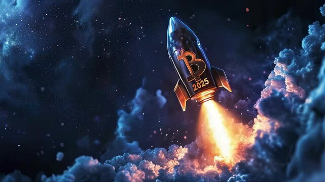 bitcoin rocket flying up 2025. Selective focus