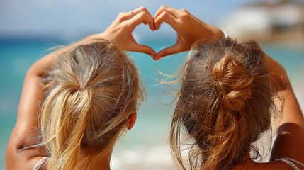 Two women friends create a heart shape with their hands against a beautiful beach backdrop, symbolizing love and friendship.