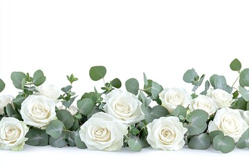 Elegant border of white roses and eucalyptus leaves on a white background