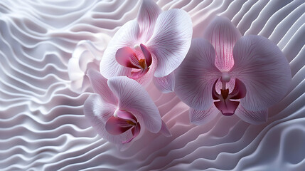 Obraz na płótnie Canvas Delicate pink orchids rest atop a textured surface.