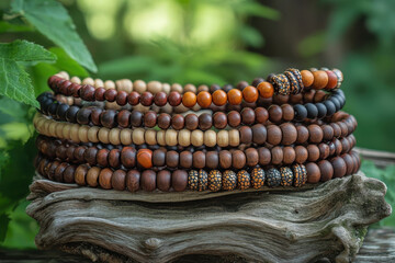 Stack of wooden beads with a wooden bead rolling off.