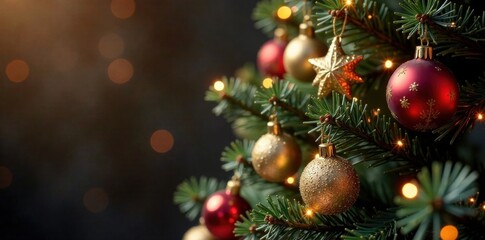 Sparkling Christmas tree with ornaments and lights, ornaments, decoration, holiday