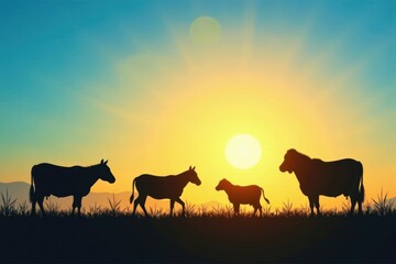 Farm animal silhouettes against a bright sun background, negative space, country life