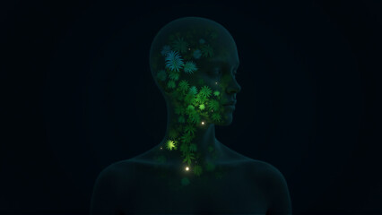 Obraz premium AI Silhouette Merged with Bioluminescent Forest Floor - Nature & Tech Fusion