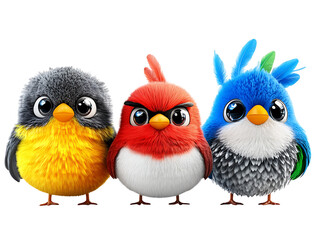 Fototapeta premium Three songbirds in the front row colorful display digital art bright environment close-up view