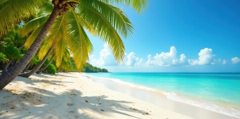 Soft focus image of sandy beach with swaying palm trees and blue-green ocean in the background, sand, natural