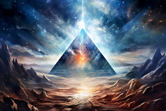 Surreal landscape with cosmic glowing pyramid at center, mystical celestial skies and dramatic mountains. Ideal for fantasy or science-fiction backgrounds. Surreal cosmic pyramid landscape