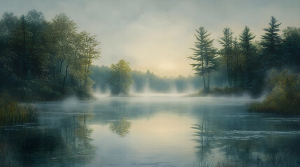 Fototapeta premium Ethereal Morning: Mist-Enveloped Lake Offering a Serenity Beyond Worlds