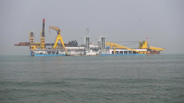 A Chinese River Dredging Ship is floating at the mouth of the Bankkhali River in the Maheshkhali Channel in Cox's Bazar.