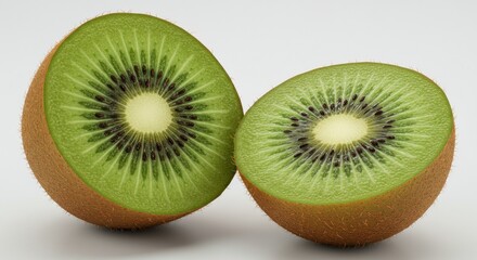 Two kiwi halves show green flesh with small black seeds on a white surface.