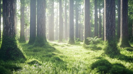 Fototapeta premium Misty Forest Sunlight Through Trees