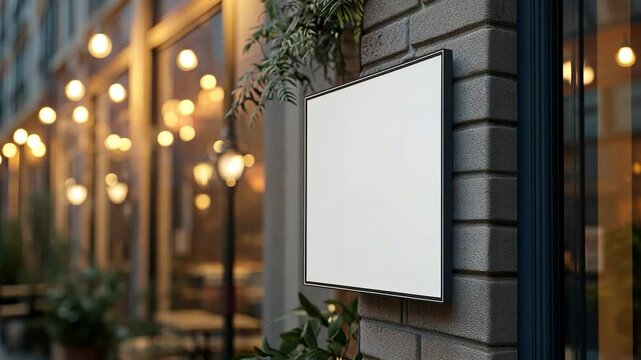 Blank sign mockup on brick wall, city street cafe at night, mockup for branding