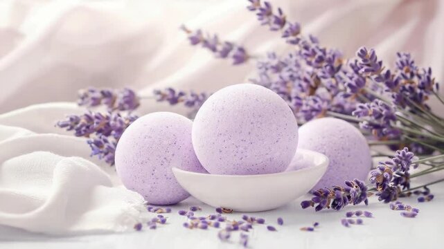 bath bombs with the smell of lavender flowers. Selective focus