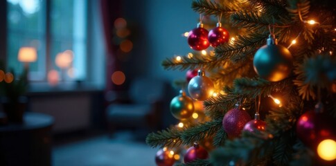 Sparkling Christmas tree with colorful ornaments in a dimly lit room, , dim lighting
