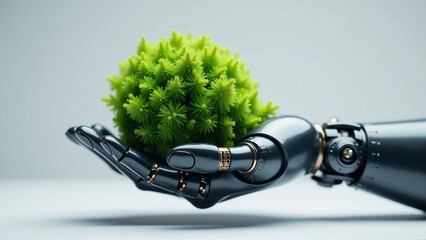 High Tech Prosthetic Hand (Cyborg Style) Holding Fragile Moss Ball (Kokedama)