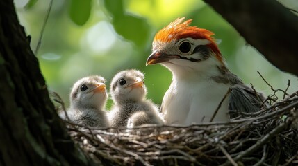 Obraz premium Mother bird caring for two chicks in a lush green tree nest, serene nature scene