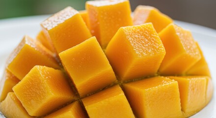 Cut mango fruit cubes are stacked on a white surface close up.