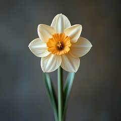 Obraz premium Single daffodil flower with stem against a gray background.