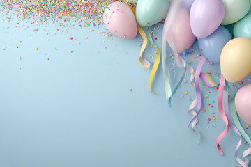 Pastel balloons and confetti on light-blue background, creating a festive and joyful scene, perfect for birthday or celebration themes, with free space for text