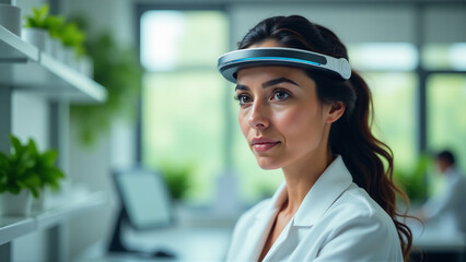 Portrait of Diverse Scientist Wearing Advanced EEG Headset in Biophilic Lab Setting