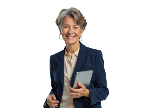 Business portrait isolated on white transparent background: A smiling, mature woman with silver hair, wearing a navy blazer and peach shirt, confidently holds a tablet while looking directly at the  - Powered by Adobe