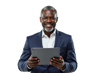 Business portrait isolated on white transparent background: A confident Black man in a navy suit smiles warmly while holding a tablet and looking directly at the viewer.