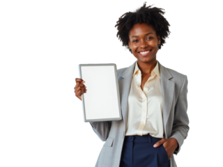 Business portrait isolated on white transparent background: A smiling Black woman in a gray blazer and cream blouse confidently presents a tablet displaying a blank screen against a neutral backgrou