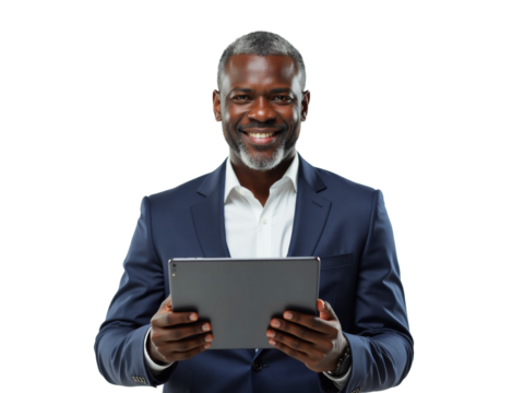Business portrait isolated on white transparent background: A confident Black man in a navy suit smiles warmly while holding a tablet and looking directly at the viewer.