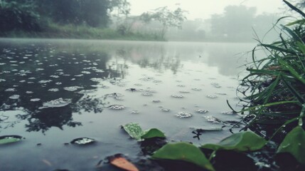A tranquil pond with reflections and plants under a foggy sky