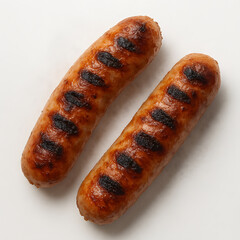 Two grilled sausages on a white background