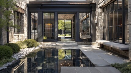 Fototapeta premium Luxury home entrance with stone path and mirror pool 