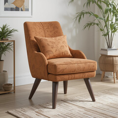 Cozy Orange Chair in Home Interior: A stylish orange chair takes center stage within a well-lit home interior, complemented by verdant plants, adding a touch of warmth and comfort. 