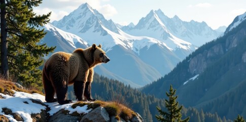 Brown bear stands on forest edge with snow-covered mountains behind, mammal, animal