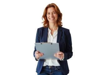 Business portrait isolated on white transparent background: A confident woman with auburn hair smiles warmly while holding a clipboard against a plain white wall, dressed in a navy blazer and white 