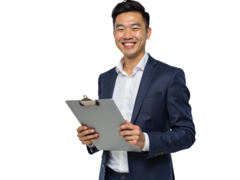 Business portrait isolated on white transparent background: A smiling Asian man in a navy suit and white shirt confidently holds a clipboard against a plain white background.