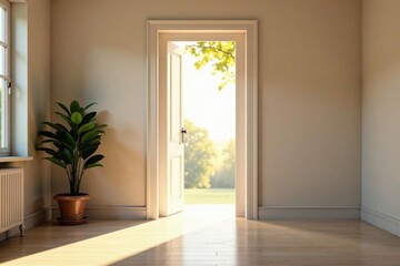 Fototapeta premium Doorways in a serene room with natural light pouring in , house, open, interior