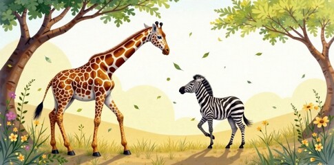 Watercolor painting of a giraffe and zebra playing with leaves in the savannah, giraffe, animal friends