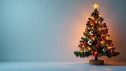 Modern Christmas tree with fairy lights and minimalist ornaments in a sleek, monochromatic background, seasonal, christmas, metallic