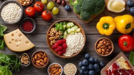 Nutrient Bounty: A vibrant overhead shot showcasing a rich assortment of fresh, colorful ingredients meticulously arranged to promote health and wellness