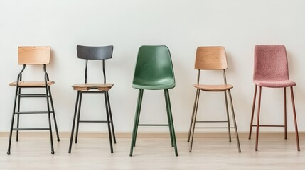 great depression concept. Stylish bar stools lined up against a light wall.