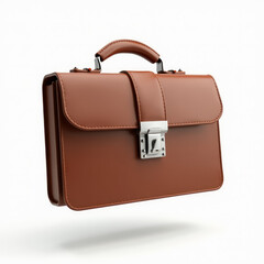 3D Brown Leather Business Briefcase with Silver Lock Floating Mid-Air Isolated on White Background