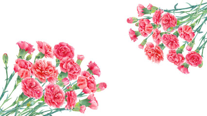 赤いカーネーションの水彩イラストで装飾したフレームデザイン。母の日のバナー背景。（ベクター）